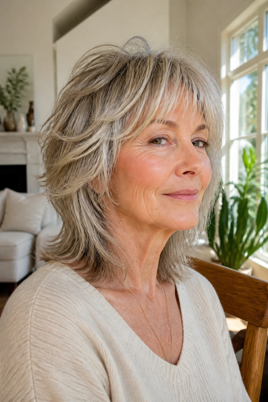 Portrait of an older woman with a soft wolf cut and feathered layers in a bright room