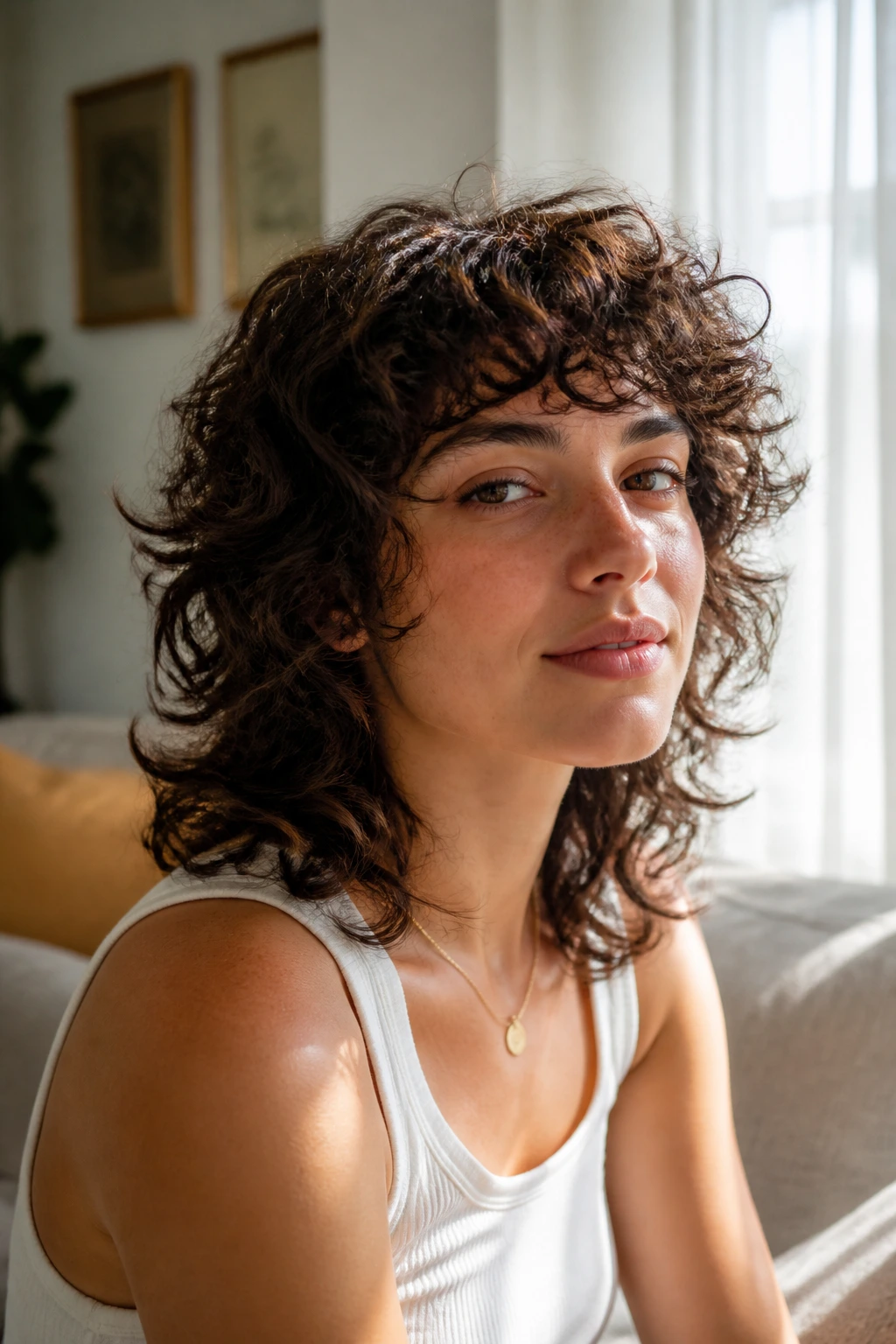 Close-up portrait of a real person with feathered perimeter wolf hairstyle