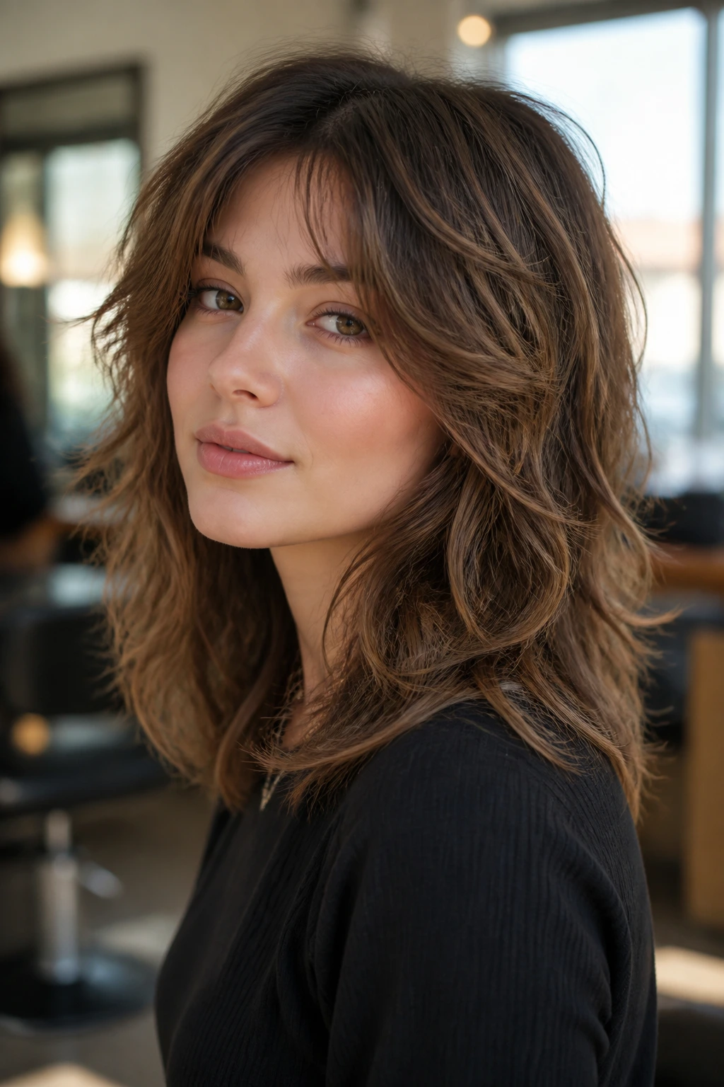Close-up portrait of a real woman with a razor-soft wolf cut and feathered sides in warm salon light
