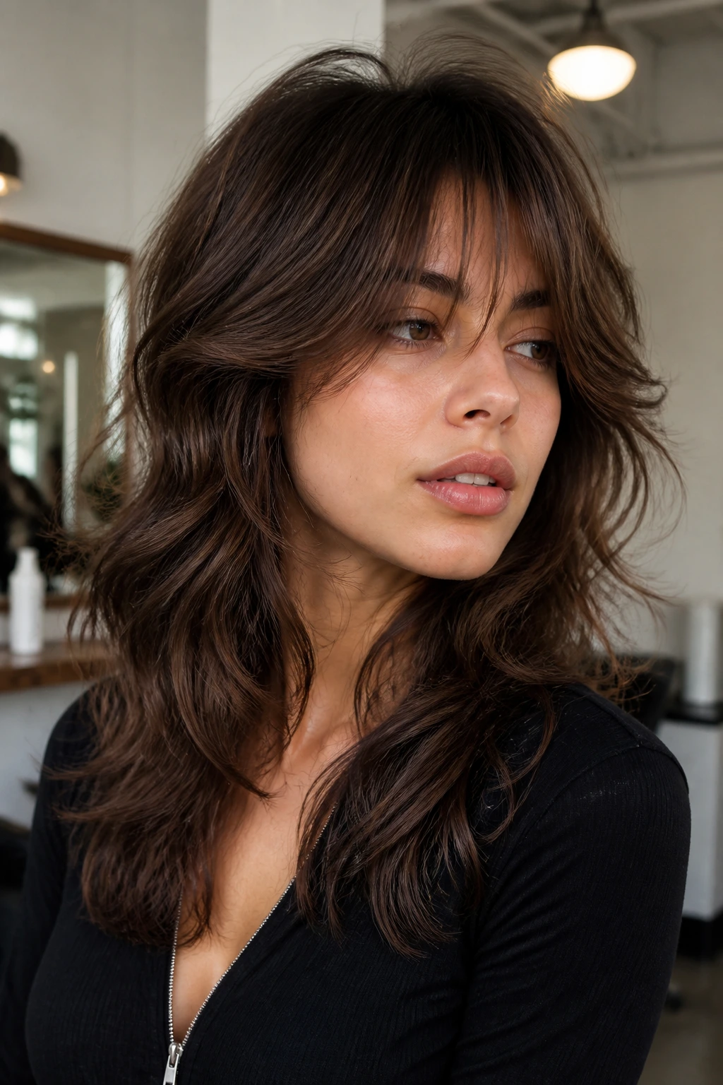 Close-up portrait of a real person with wolf cut and feathery fringe in bright salon light