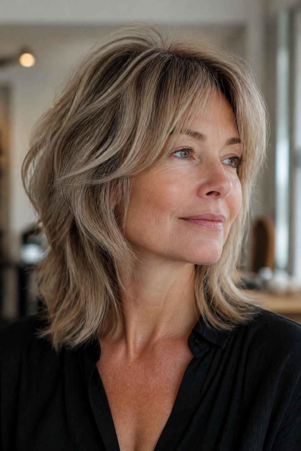 Portrait of a woman with a Wolf Cut showing crown lift and strong perimeter in bright modern room