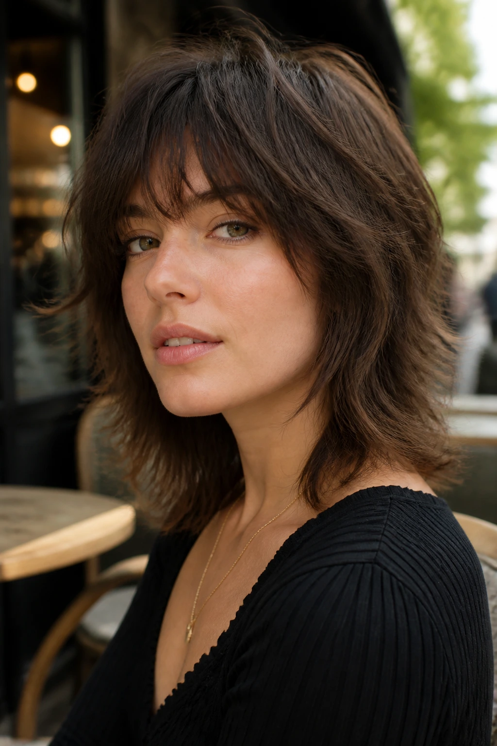 Close-up of a real woman with a softened wolf cut for fine hair