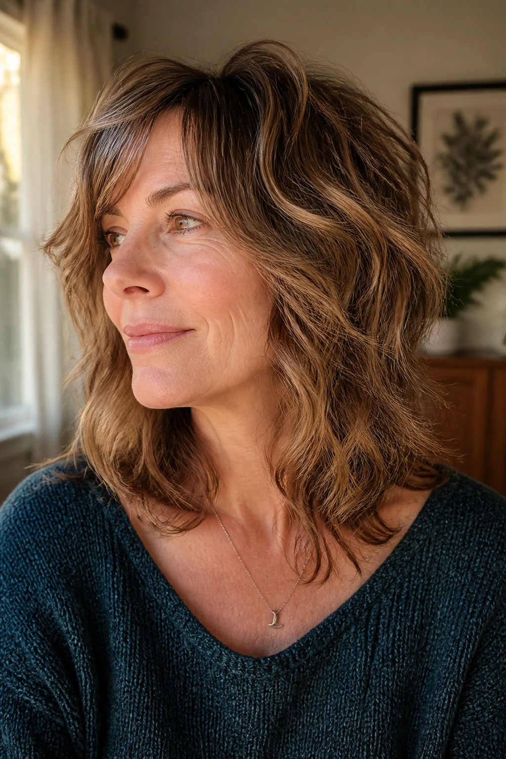 Close-up portrait of a real woman with a wavy wolf cut in warm window light