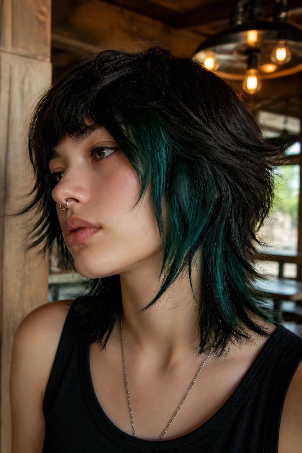 Close-up portrait of a real person with forest green panels in a shaggy wolf cut