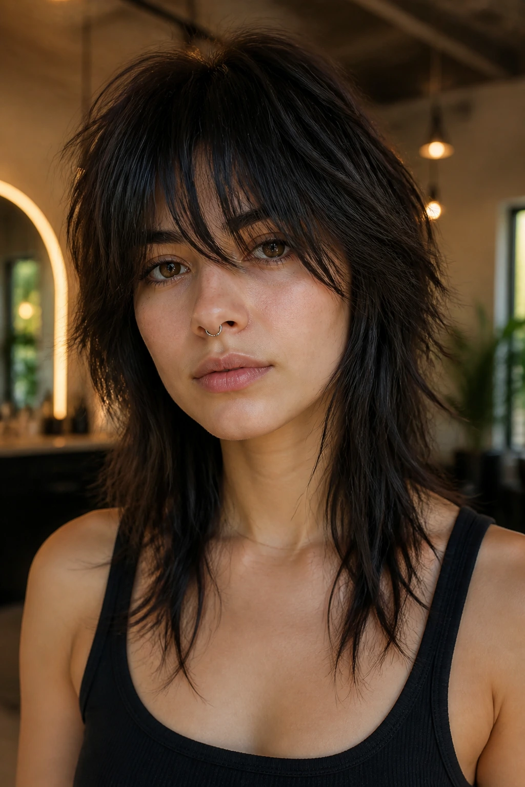 Portrait of a person with a wolf cut and long shattered fringe