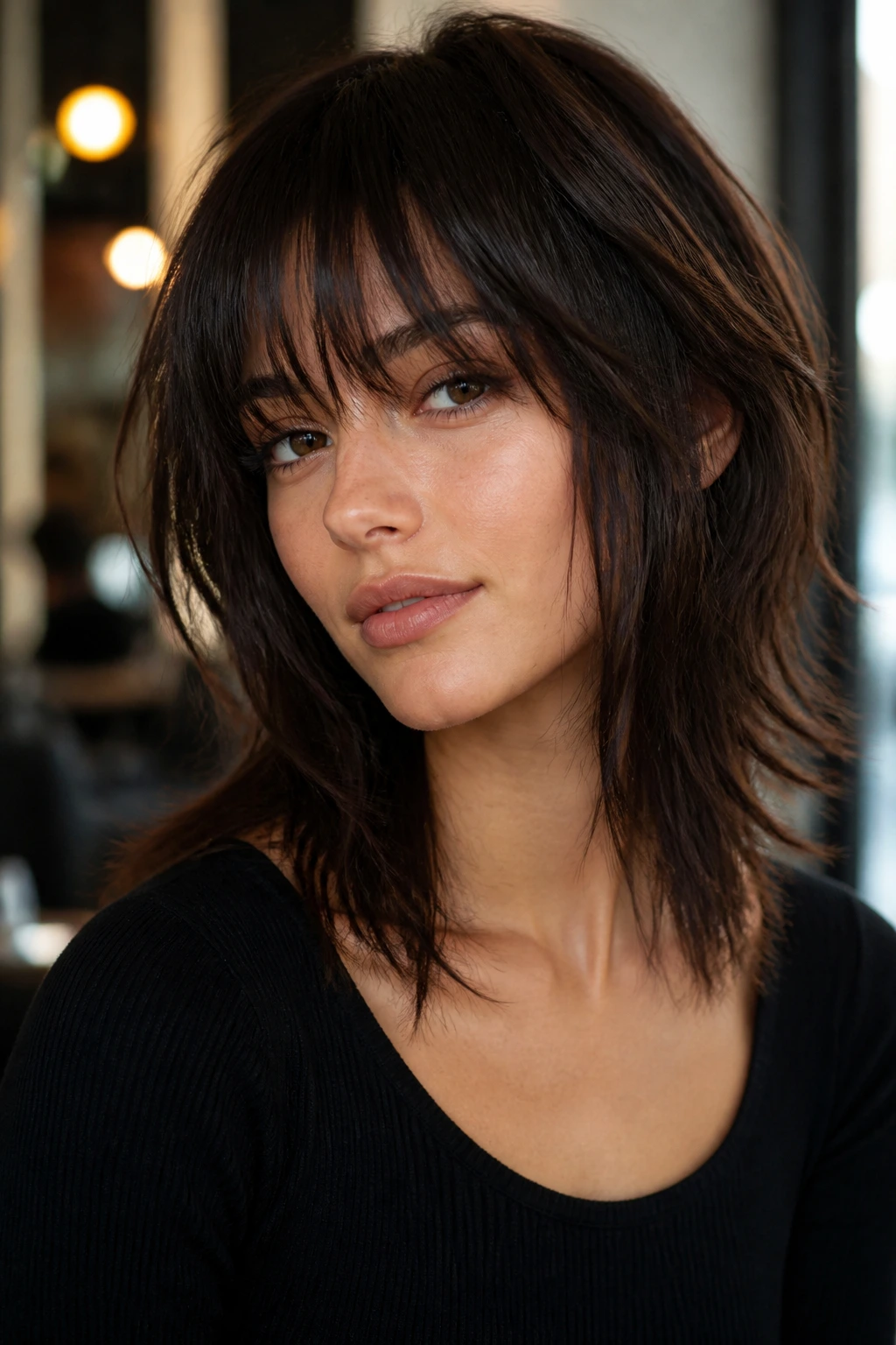 Brunette woman with wolf cut and wispy fringe portrait