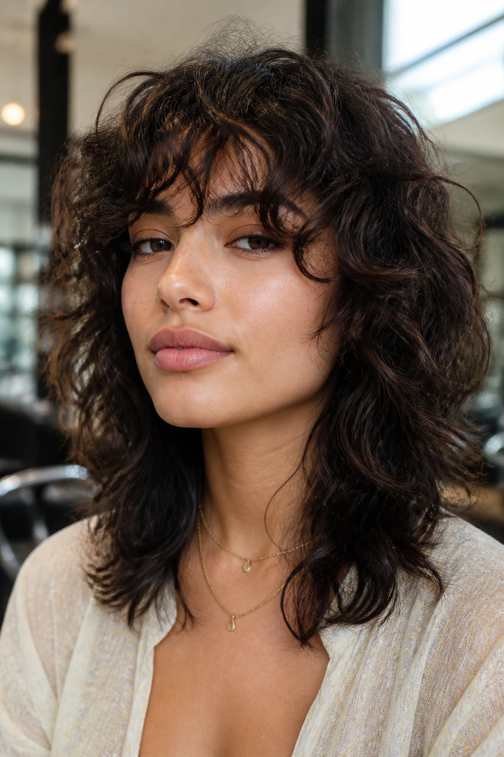 Close-up portrait of a real person with wolf cut and airy fringe