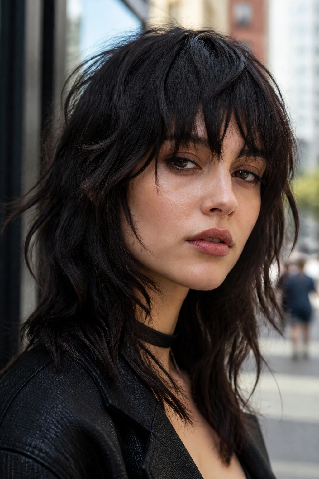 Close-up of a real woman showing jagged-edge wolf-cut fringe.