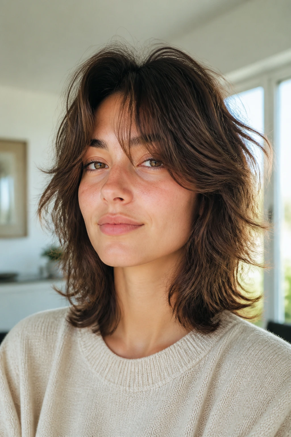 Real person with soft wolf cut and curtain fringe in bright natural light