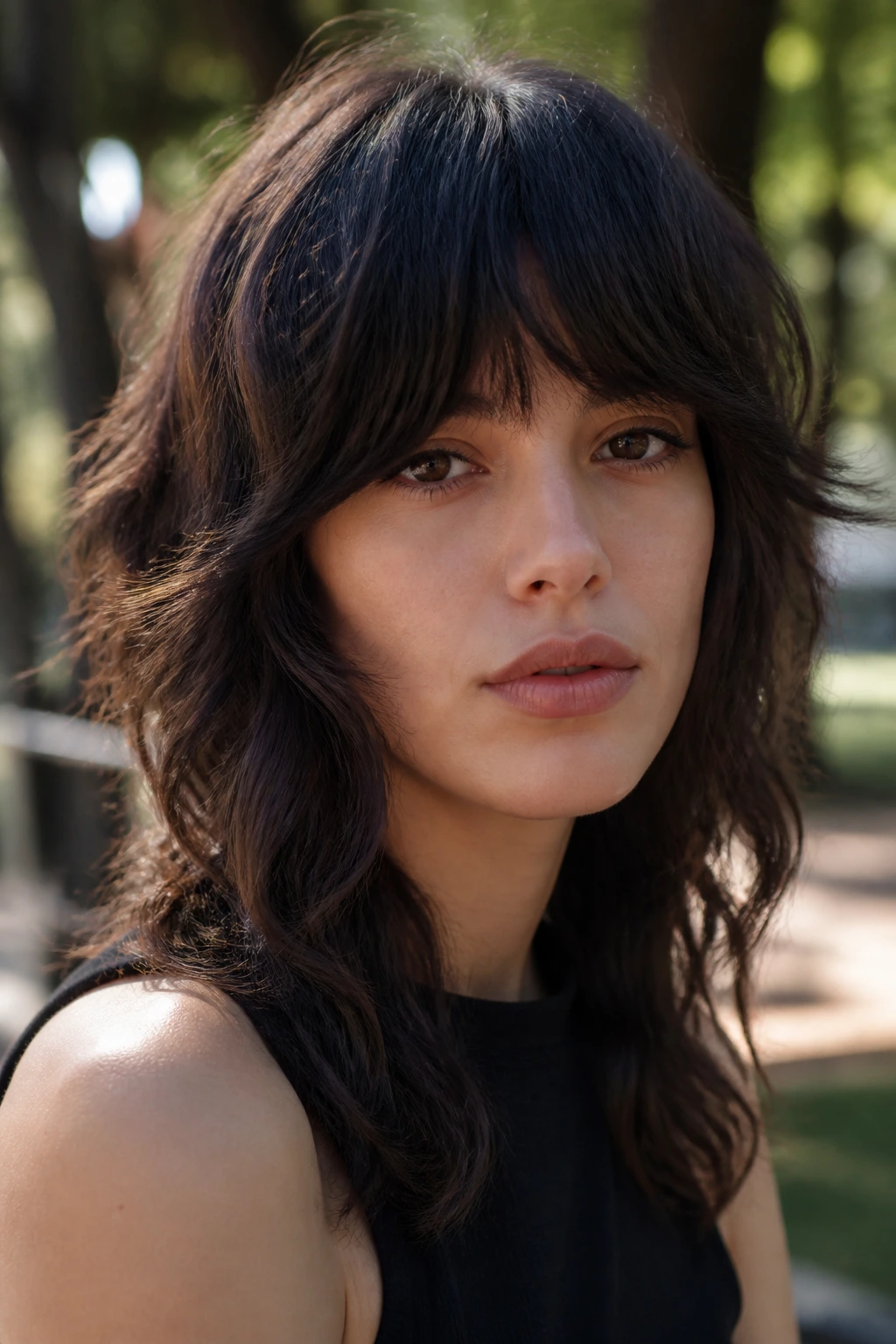 Close-up portrait of a real person with a wavy wolf cut and full fringe