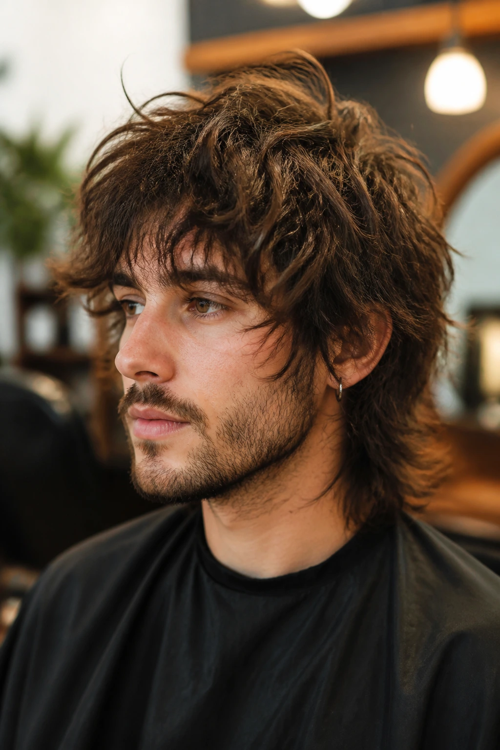 Close-up portrait of a real person with a wolf cut showing broken layered frizz