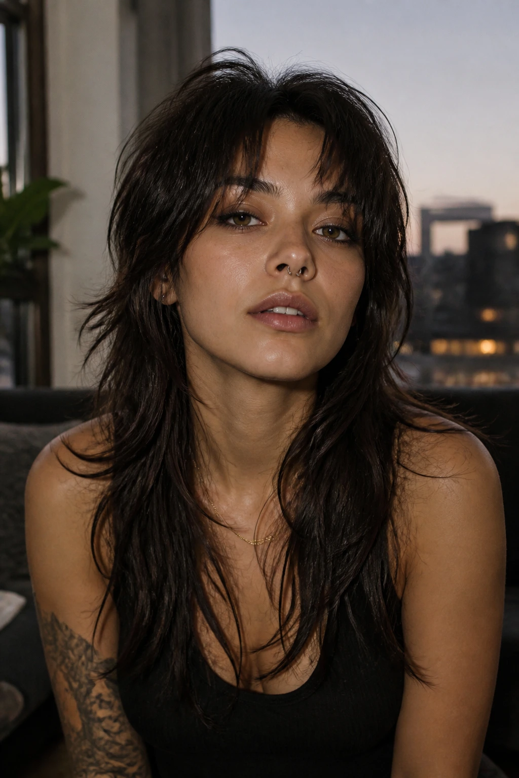 Close-up of a woman with wolf cut front pieces on long hair