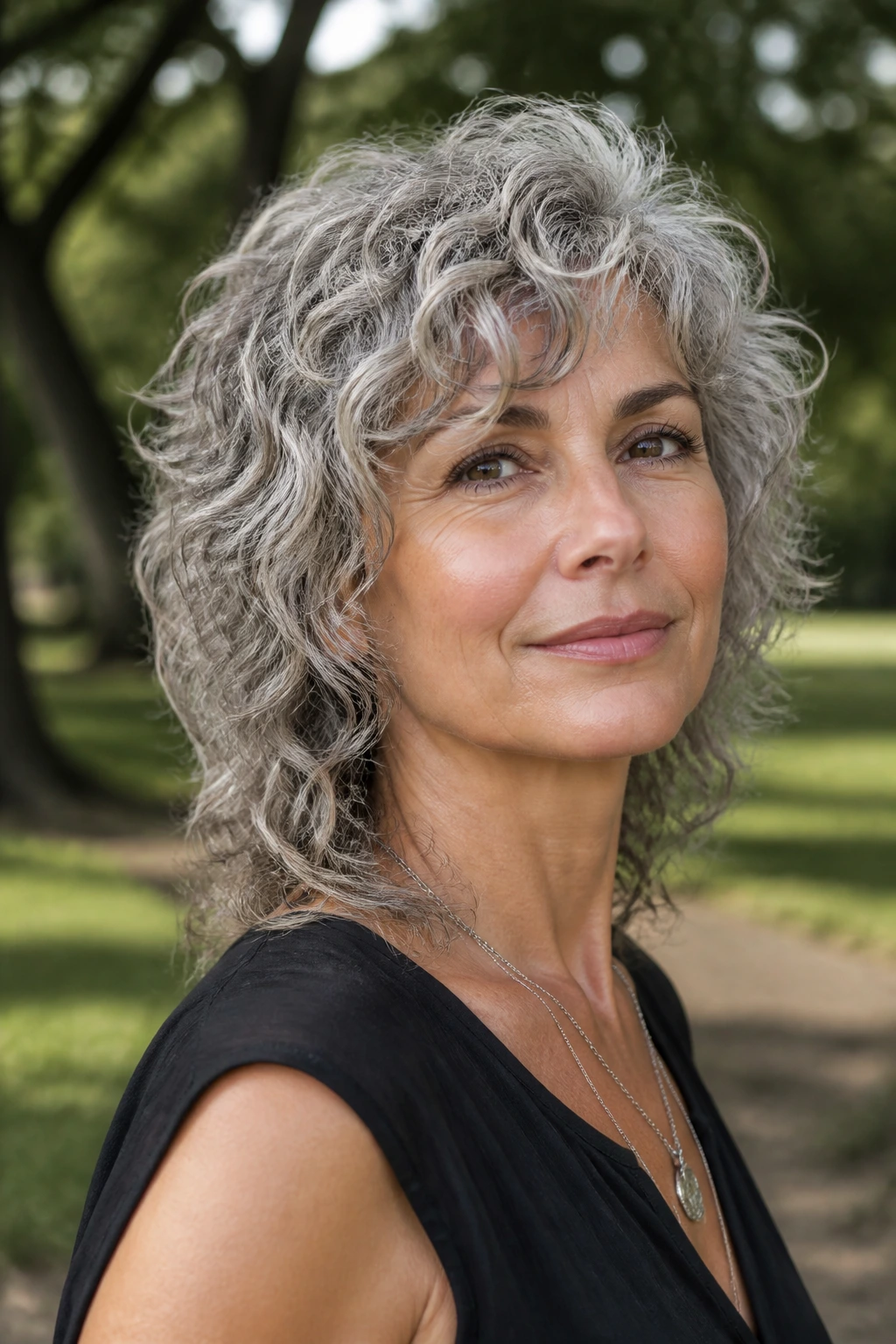Three-quarter portrait of a real woman with gray wolf-cut curls in a park