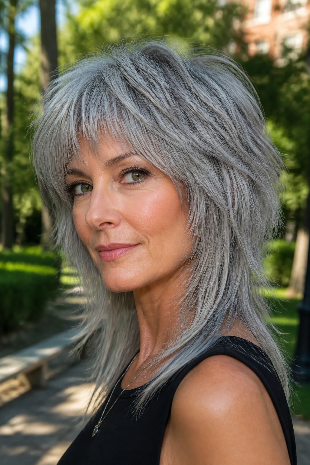Close-up of a real woman with a gray wolf cut featuring short top layers and longer underlayers.