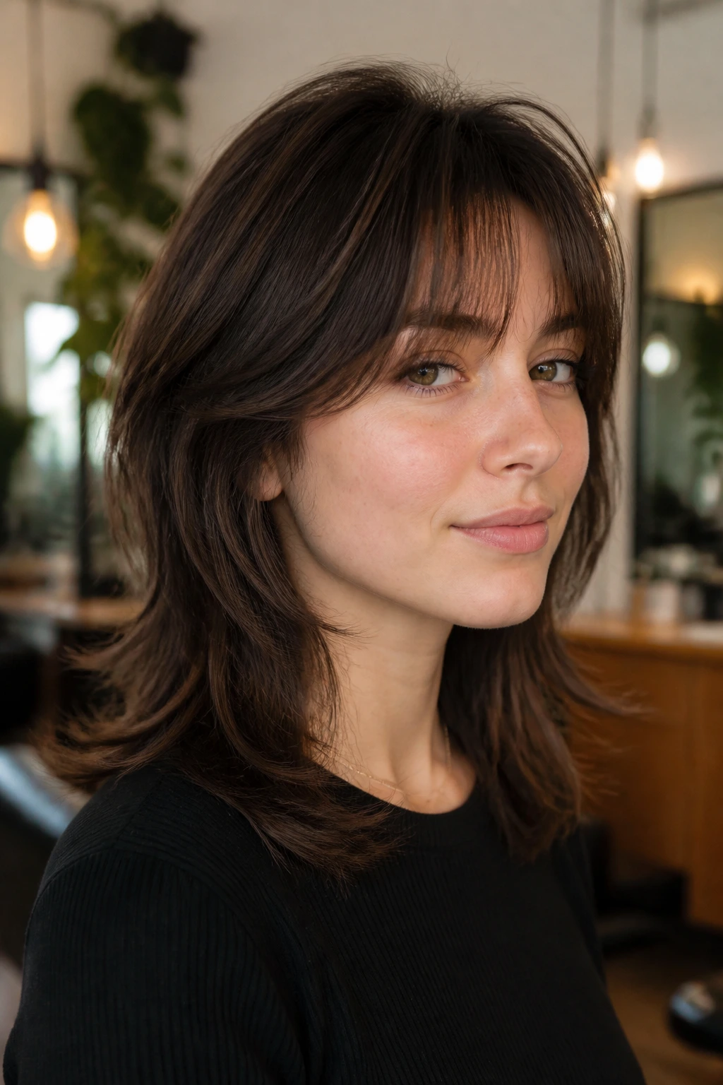 Close-up portrait of a real person with a grow-out-friendly wolf cut on straight hair.