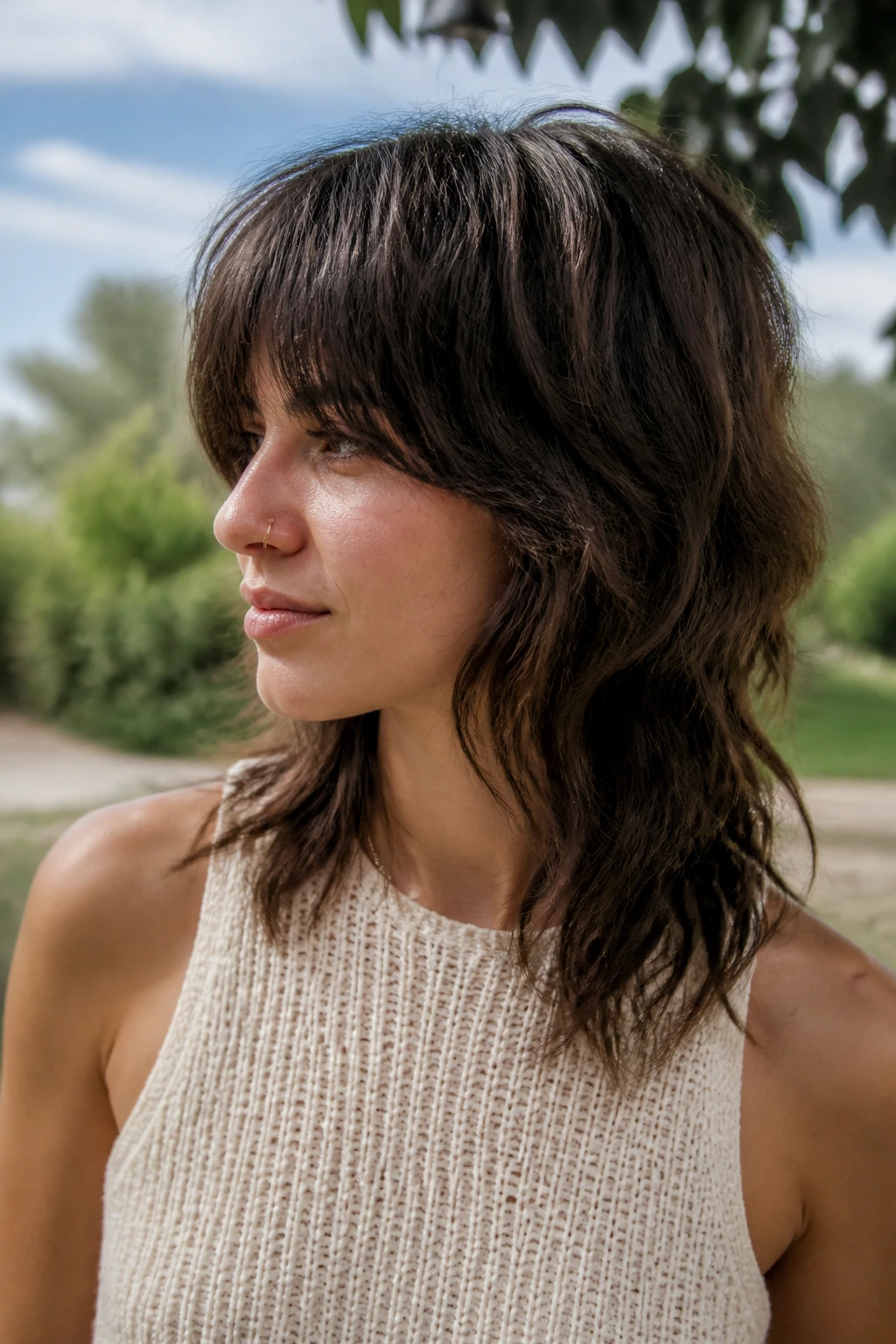 Portrait of a person with a wolf-cut outdoors showing growth and intention