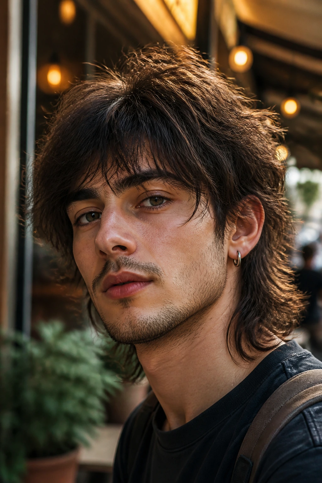Close-up portrait of a man with a wolf cut featuring layered, wind-tousled top.