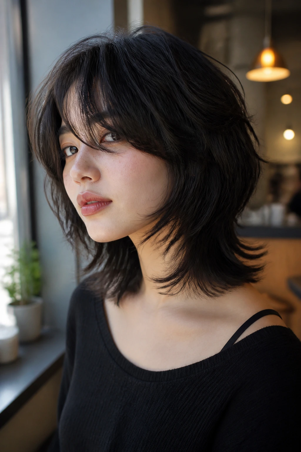 Portrait of person with modern wolf cut featuring soft crown and tapered ends