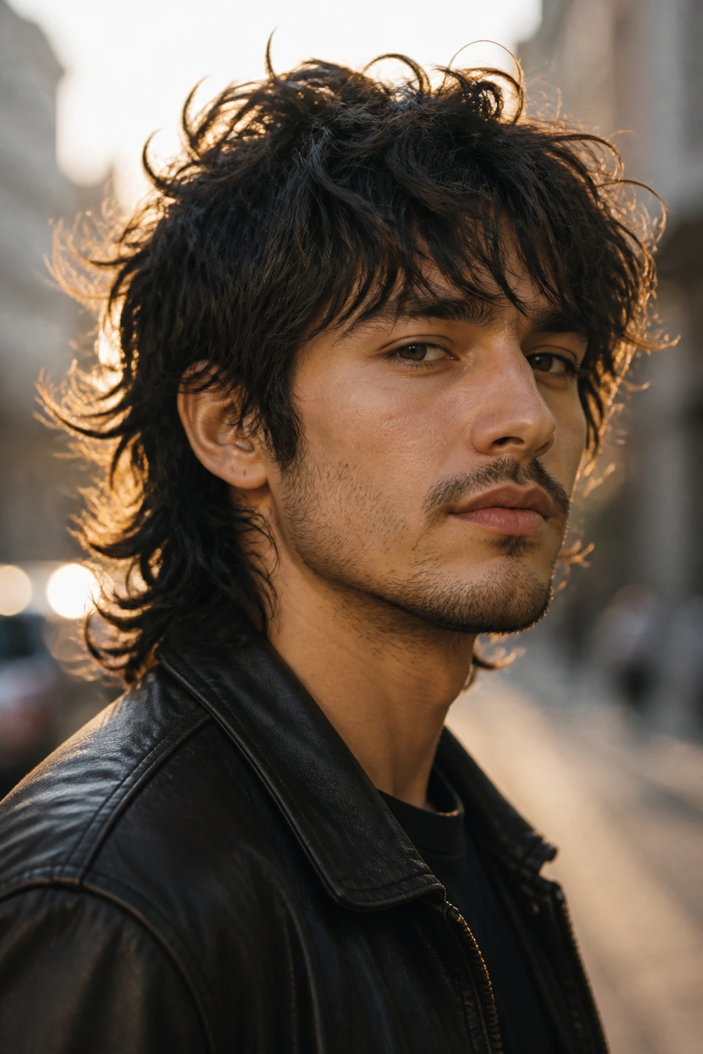 Close-up of a man with wolf-cut hairstyle in golden hour street light