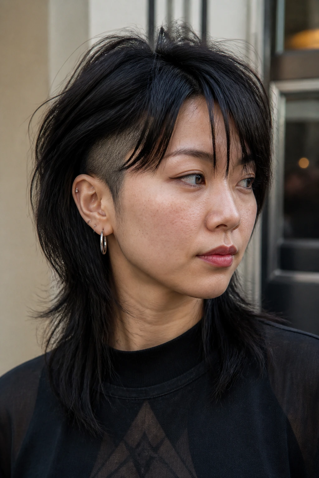 Portrait of a woman with a wolf cut and hidden side shave.