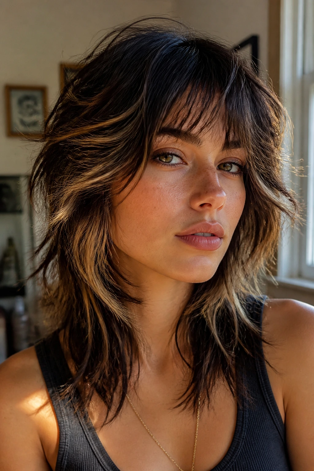 Close-up of a real woman with wolf cuts with highlights softening the silhouette.
