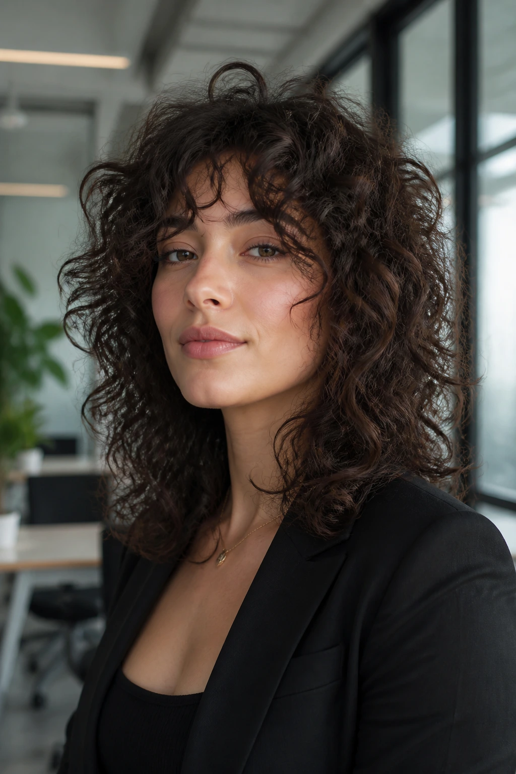Close-up portrait of a real person displaying hidden internal layers wolf haircut