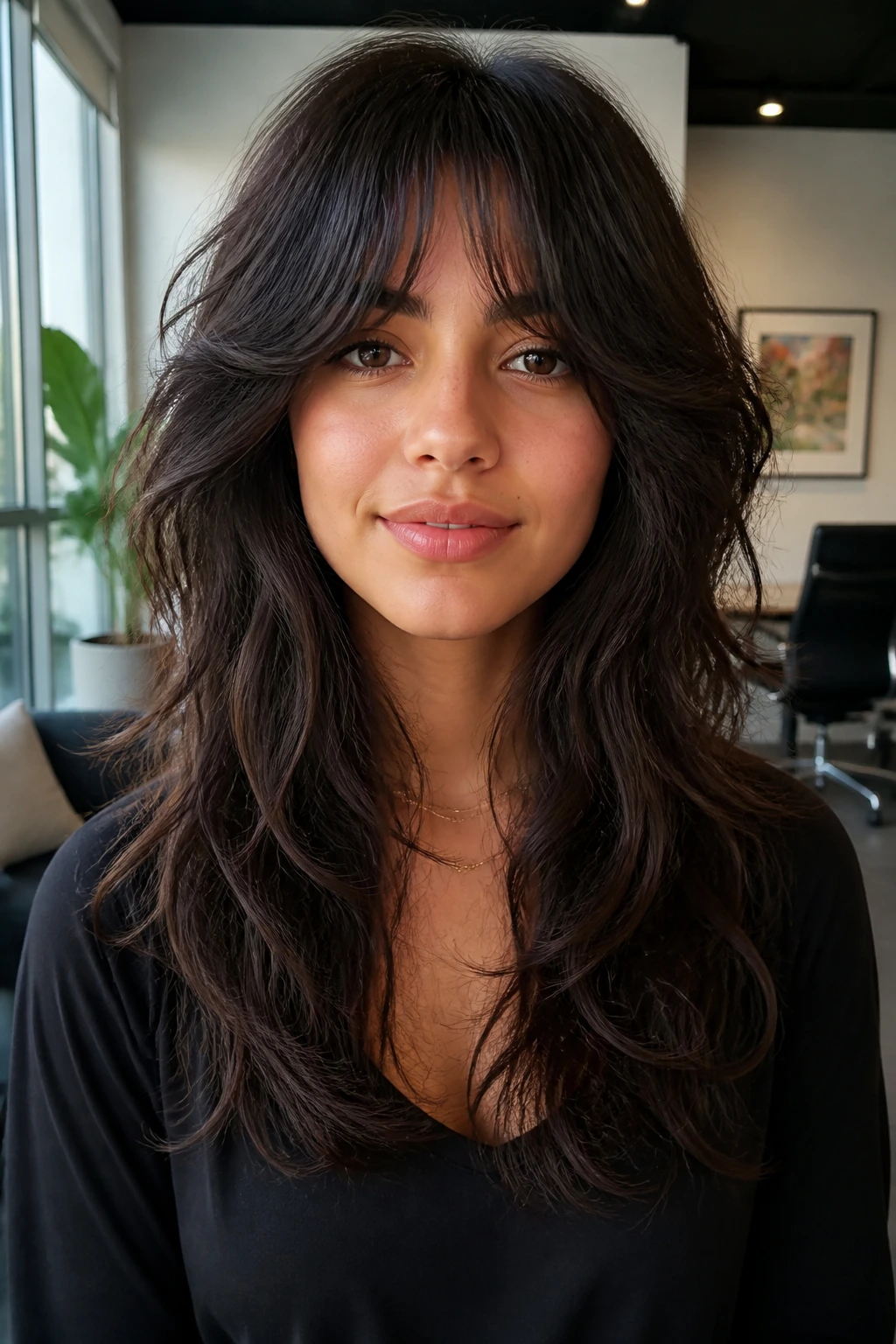 Close-up portrait of a real woman with invisible-layer wolf cut.
