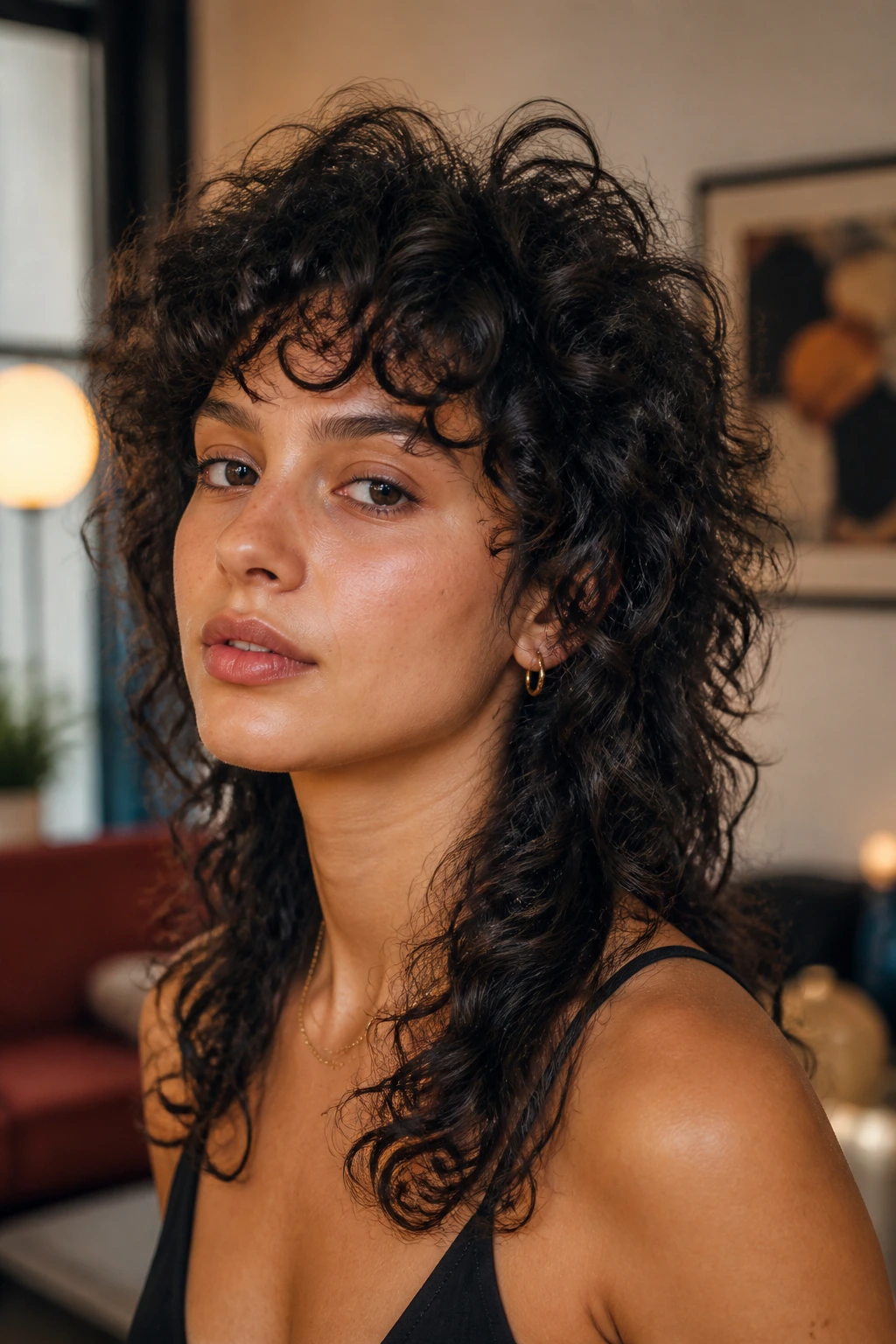 Close-up of a real woman with a wolf cut showing a lifted crown and layered curls.