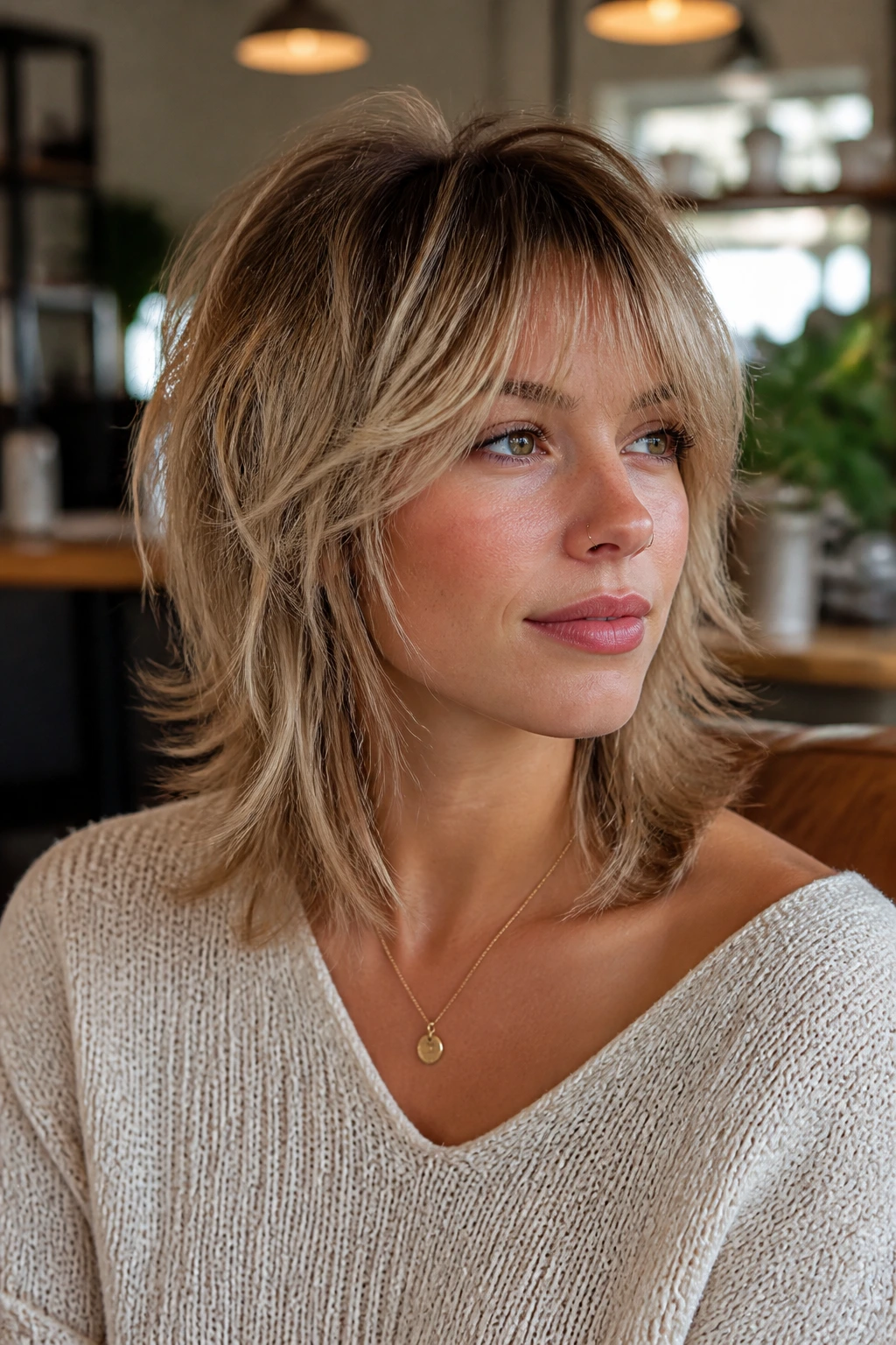 Portrait of a real woman with a light, lifted wolf cut in warm natural light