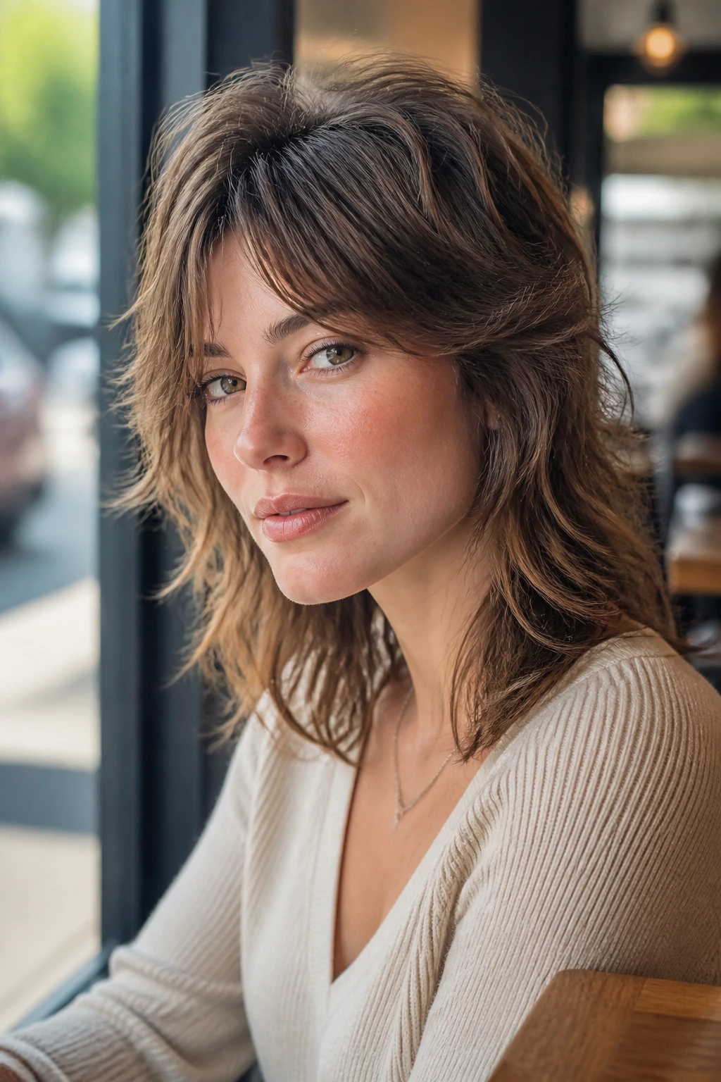 Close portrait of a real woman with Wolf-Cut Lite showing lifted crown and soft back in natural daylight