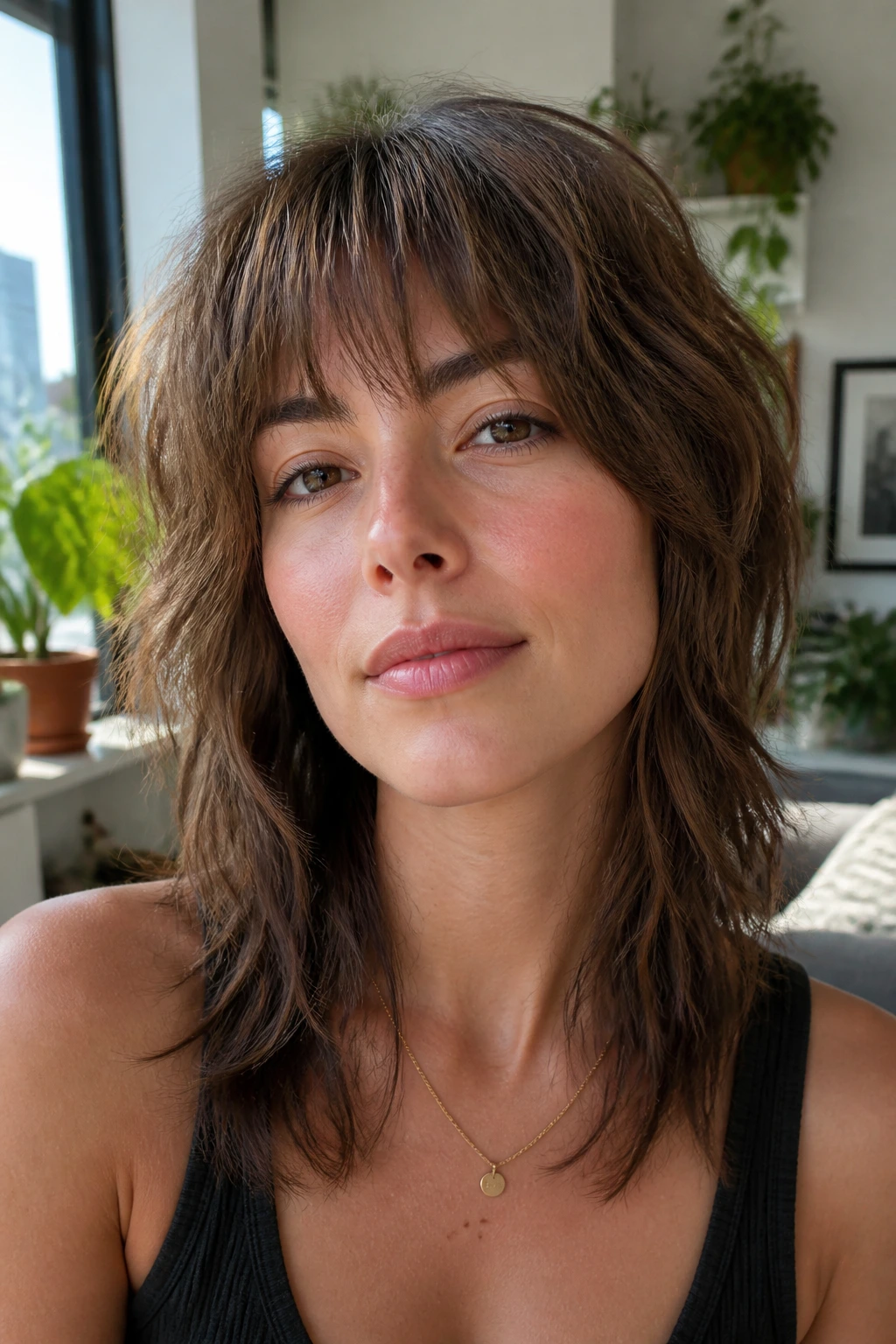 Close-up of a real woman with a wolf cut lite in a bright apartment setting