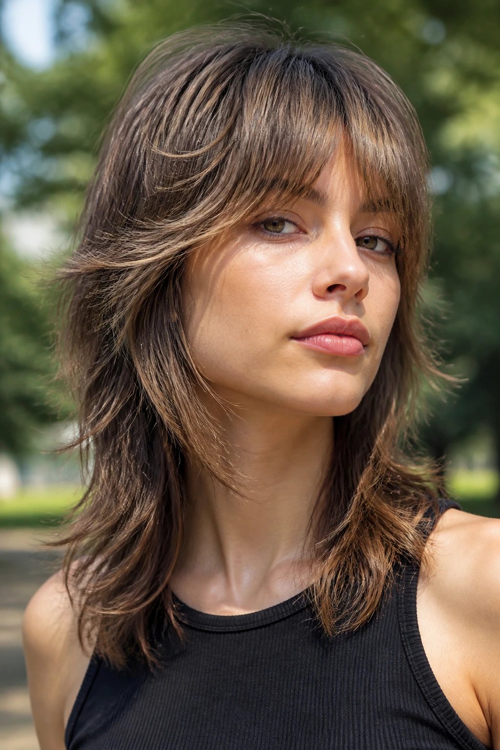 Close-up portrait of a real woman with a Wolf Cut Lite on medium-length hair.