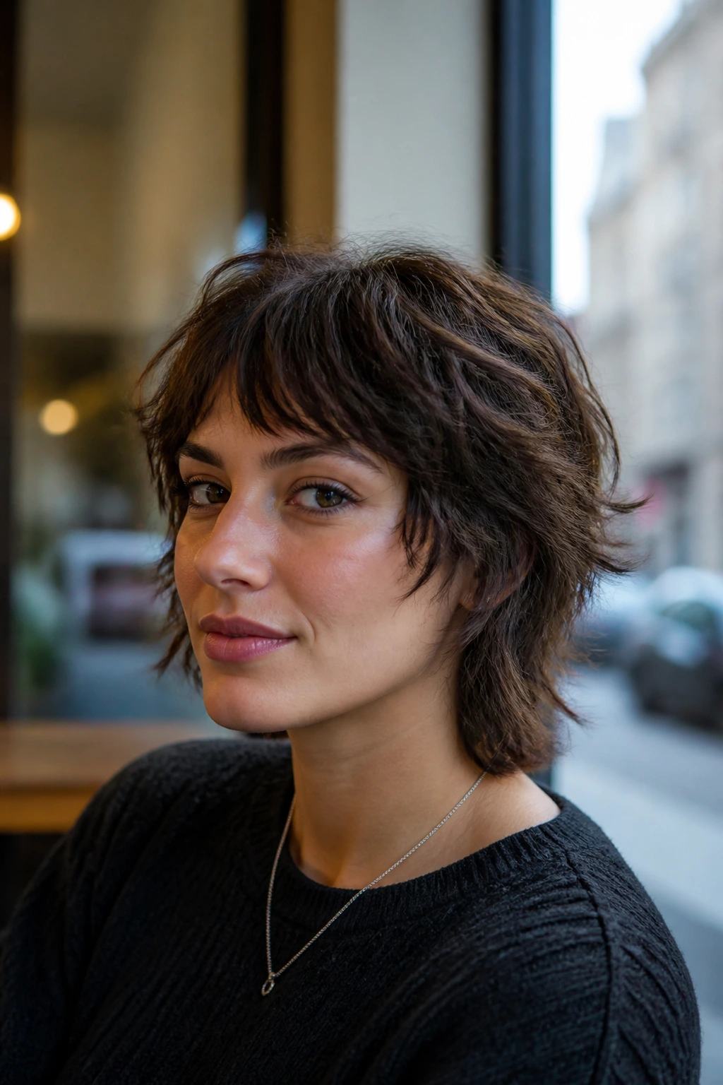 Portrait of a person with a wolf cut lite in a cafe-like setting