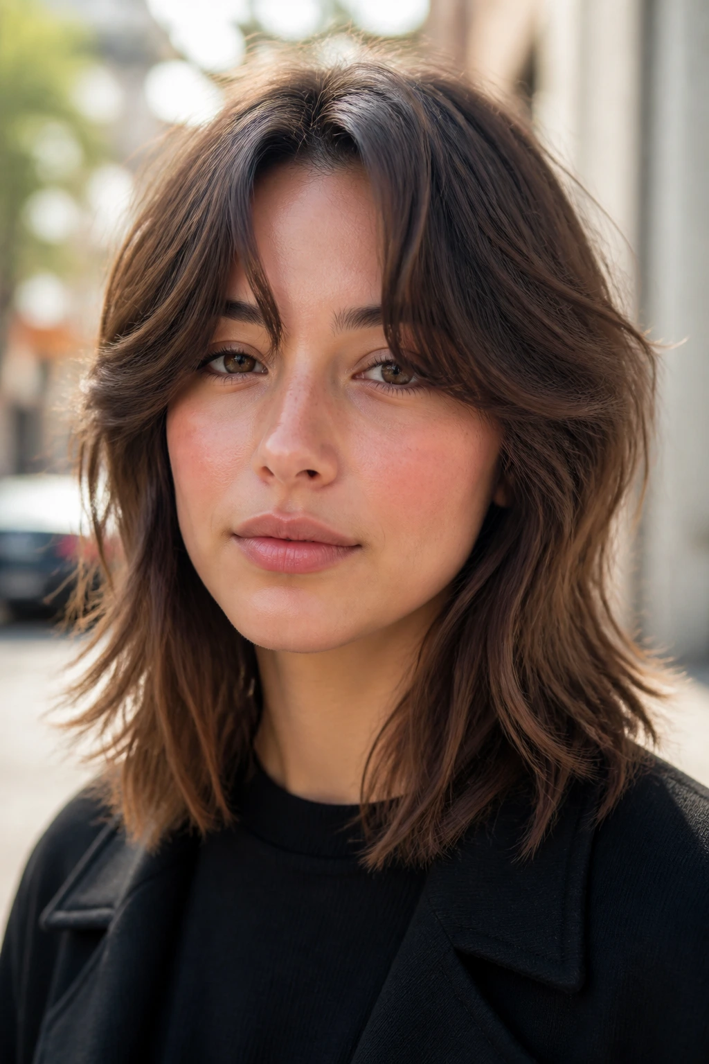 Close-up of a real person with shoulder-length wolf-cut lite hairstyle in natural outdoor light