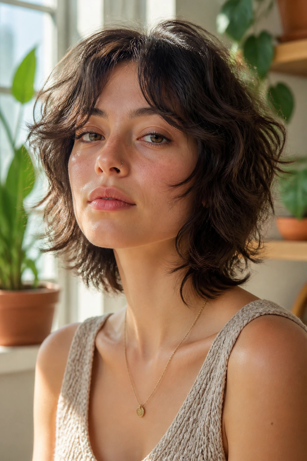 Portrait of a person with a wavy wolf cut lite.