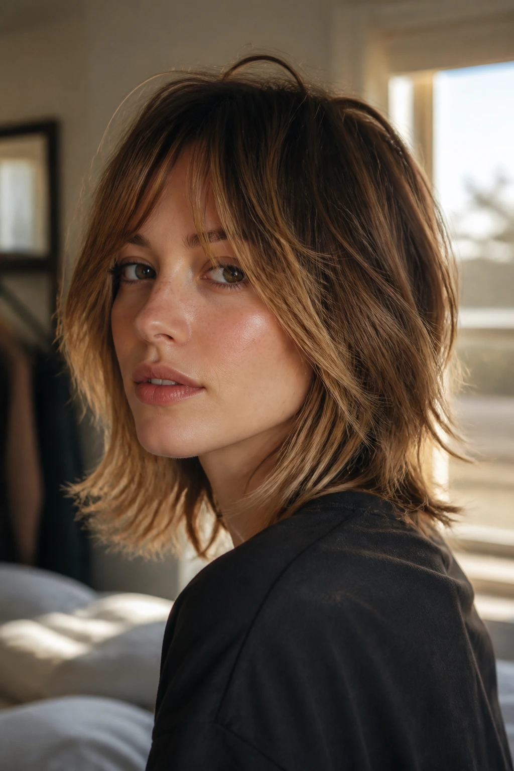 Close-up portrait of a real person with shoulder-skimming wolf cut lob, lighter front and subtle longer back.