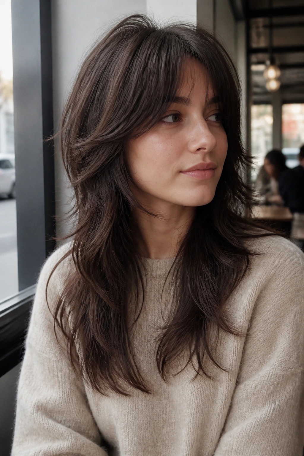 Close-up portrait of a woman with a soft wolf cut and long fringe