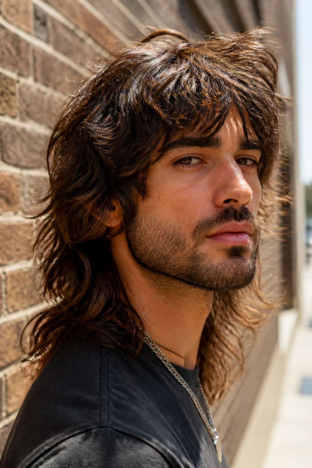 Portrait of a man with the wolf cut showing a choppy top and longer back