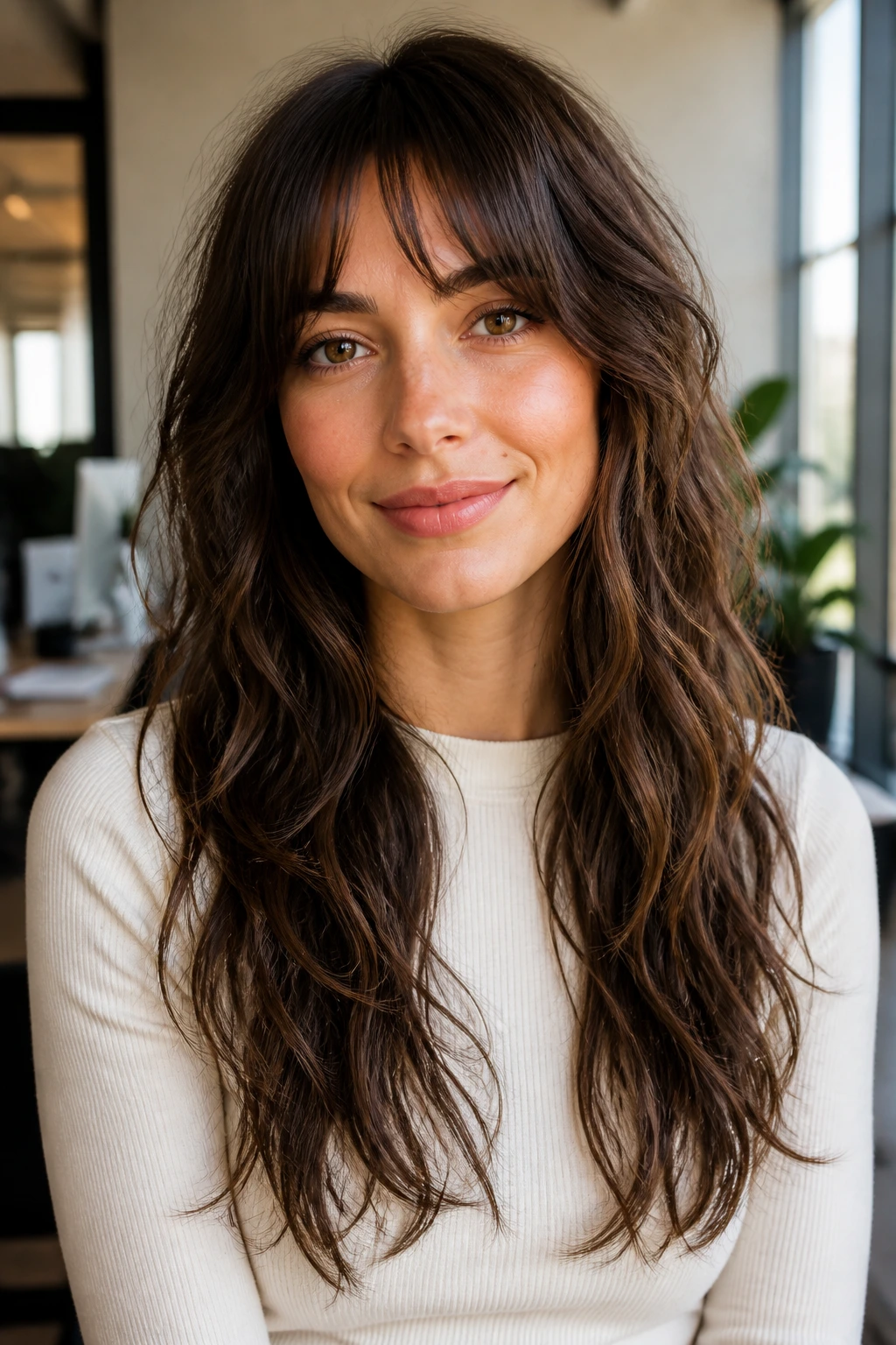 Real woman with Softer Office Wolf long shaggy cut in a cozy office setting, portrait.