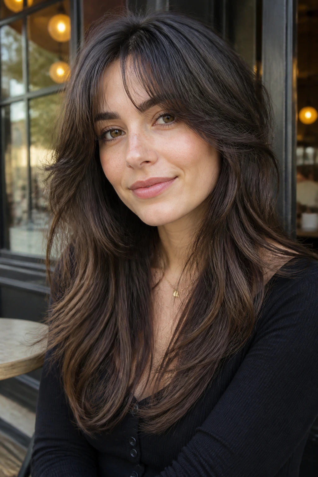 Real person with long hair in a softer wolf-cut for volume and movement.