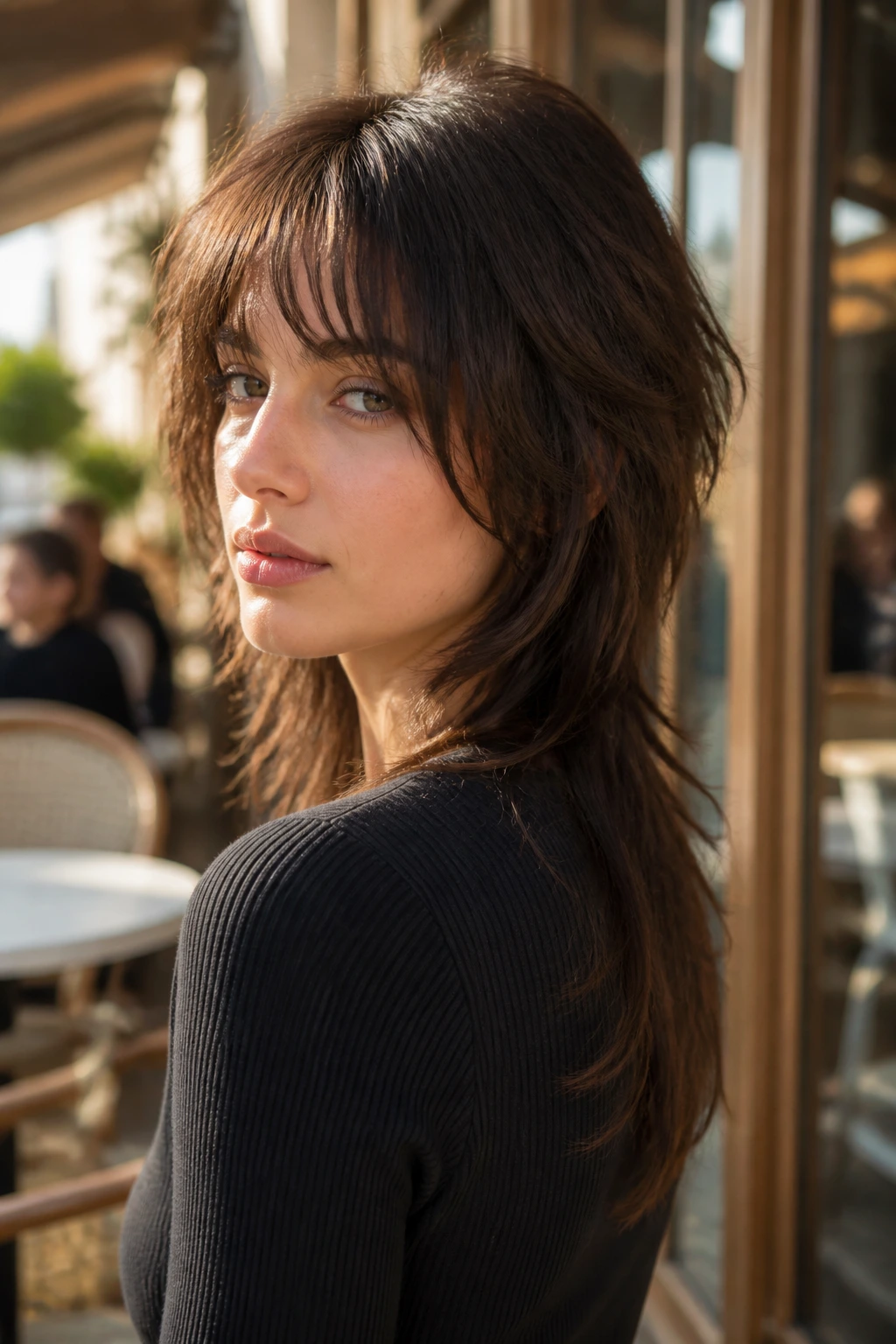 Portrait of a real person with a soft wolf cut and long tail at the back