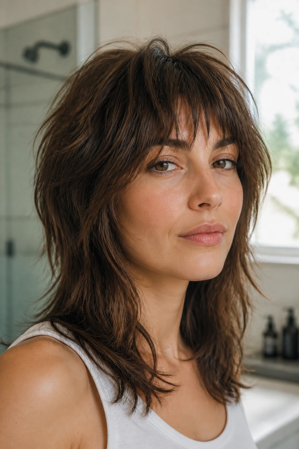 Close-up of a real woman with a thick wolf cut showing fringe and crown lift in natural bathroom light