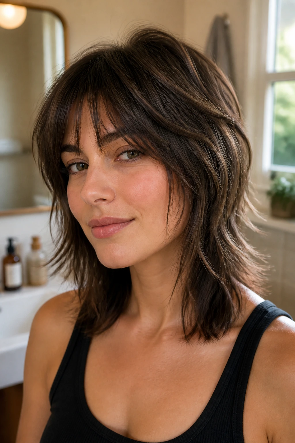 Portrait of person showing crisp wolf-cut maintenance and grow-out shape