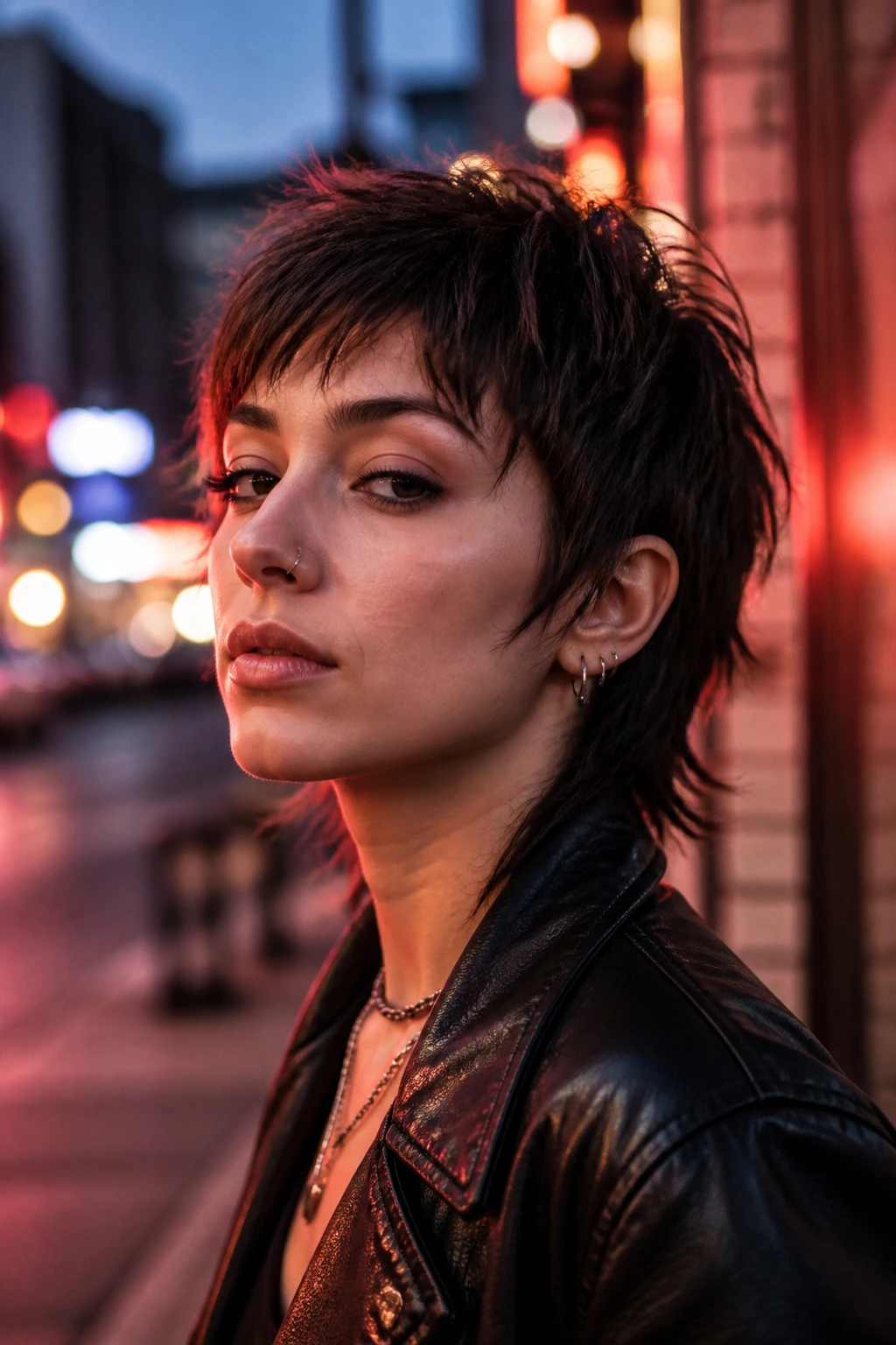 Real woman with crisp wolf cut in urban dusk glow