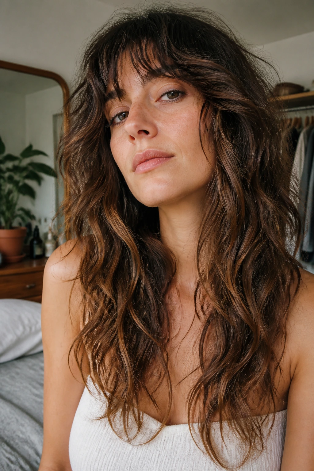Real person with refreshed long shaggy wolf cut in a cozy bedroom setting.