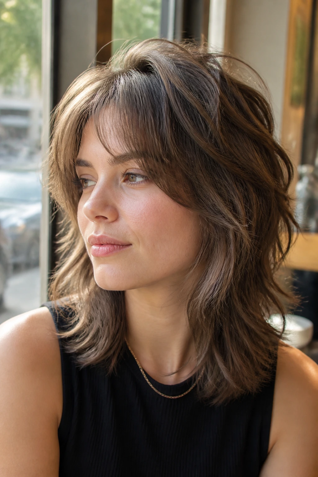 Portrait of a real person with a soft wolf cut for medium hair in a sunlit cafe window.