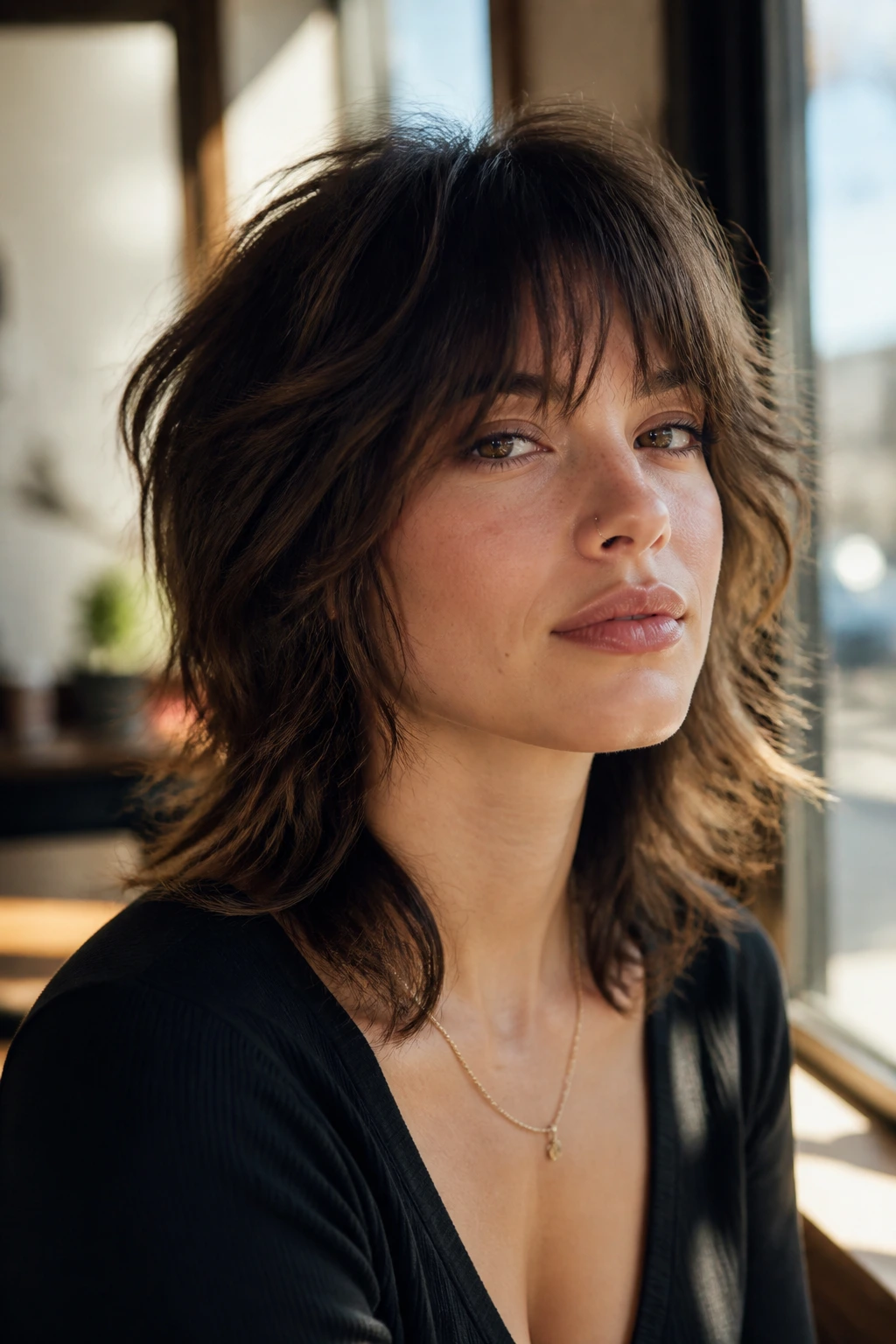 Close-up of a real woman with a Modern Wolf Cut at Medium Length in warm cafe light