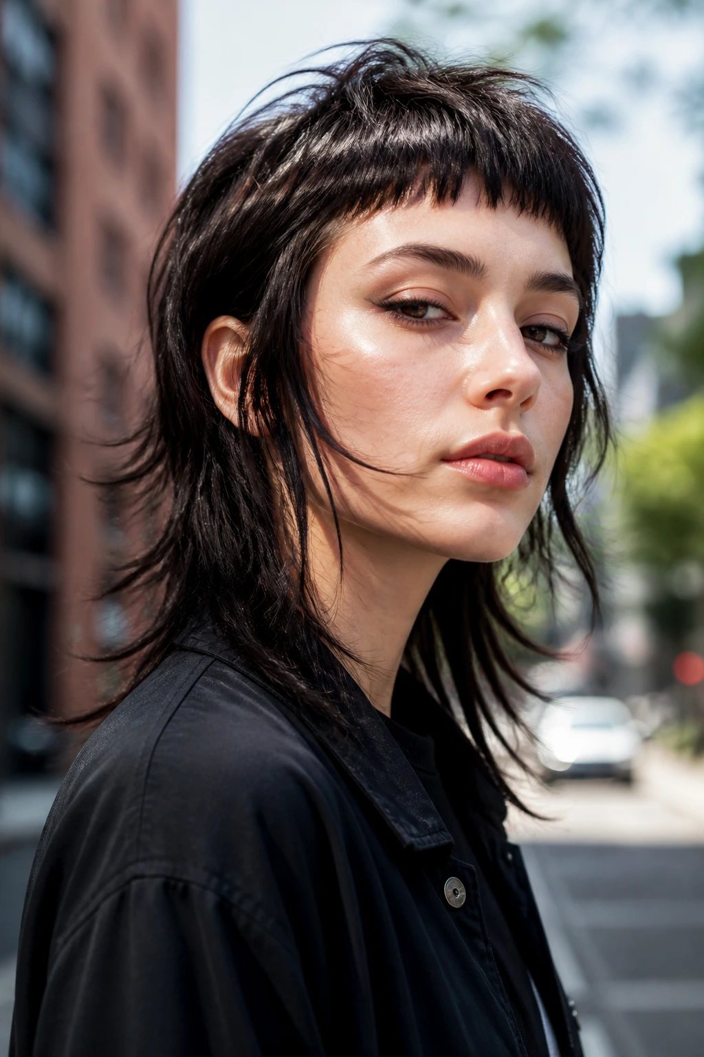 Portrait of a person with wolf cut and micro fringe.