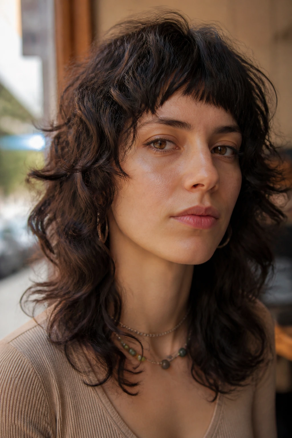 Close-up portrait with micro-fringe drama wolf hairstyle focusing on eyes