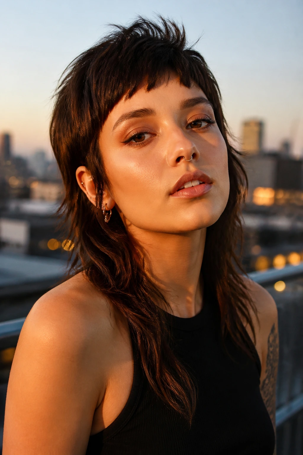 Portrait of a person with modern wolf cut and micro fringe at golden hour.